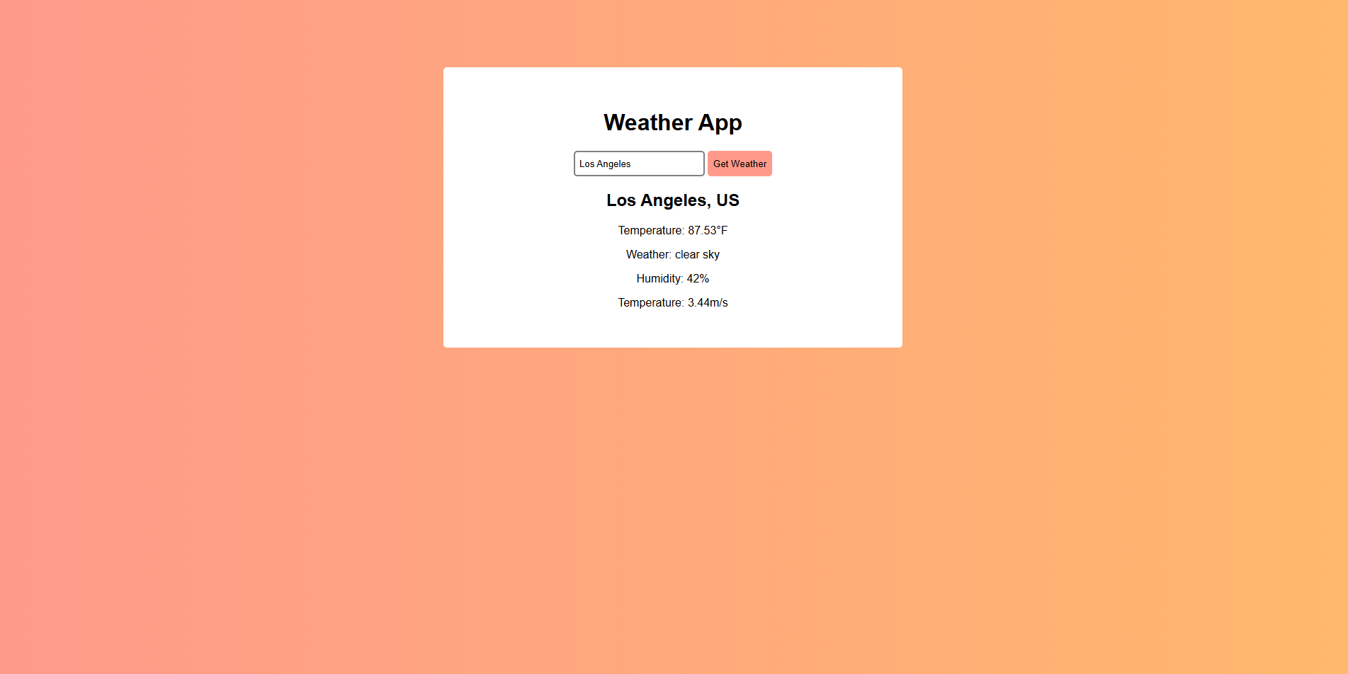 A Screenshot of a weather app website, with a warm background color